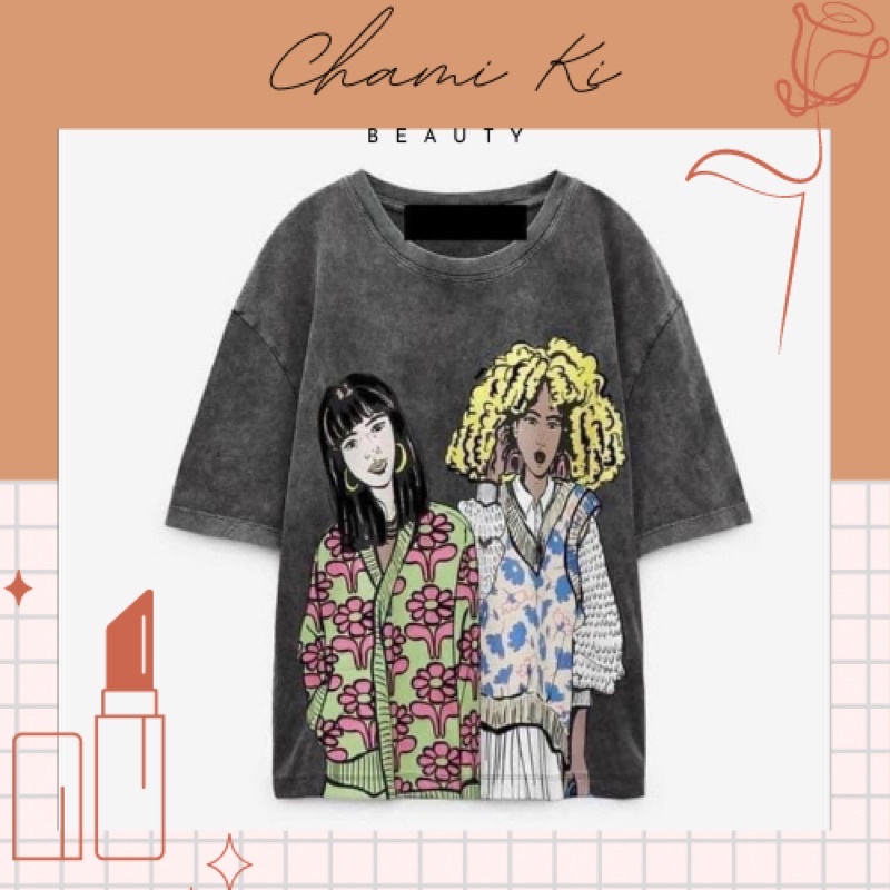 Áo phông zara cho nữ in hình 2 cô gái