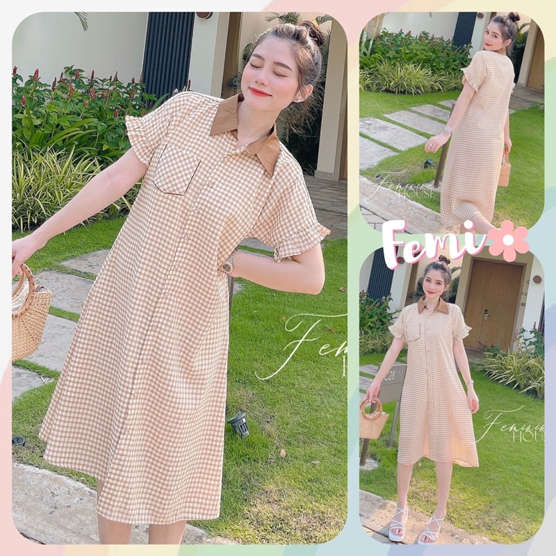 Đầm Caro Suông Cổ Đức, váy kẻ suông, đầm kẻ suông, váy caro diện đi làm đi chơi