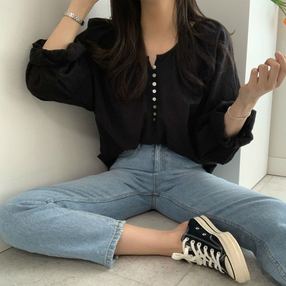 Áo Sơ Mi Nữ Tay Dài Dáng Rộng Phong Cách Retro Hàn Quốc Xinh Xắn