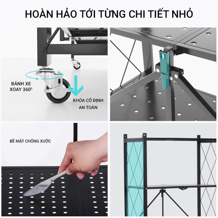 Kệ để đồ nhà bếp xếp gọn gấp gọn đa năng để lò vi sóng để sách có bánh xe di động 3,4,5 tầng - kệ để lò vi sóng