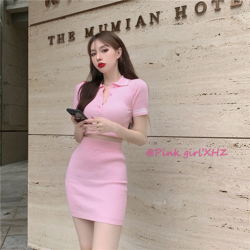 Set Áo Thun polo Tay Ngắn + Chân Váy Dệt Kim Lưng Cao Dáng Ôm Co Giãn Thời Trang Mùa Hè Phong Cách Trung Hoa Mới