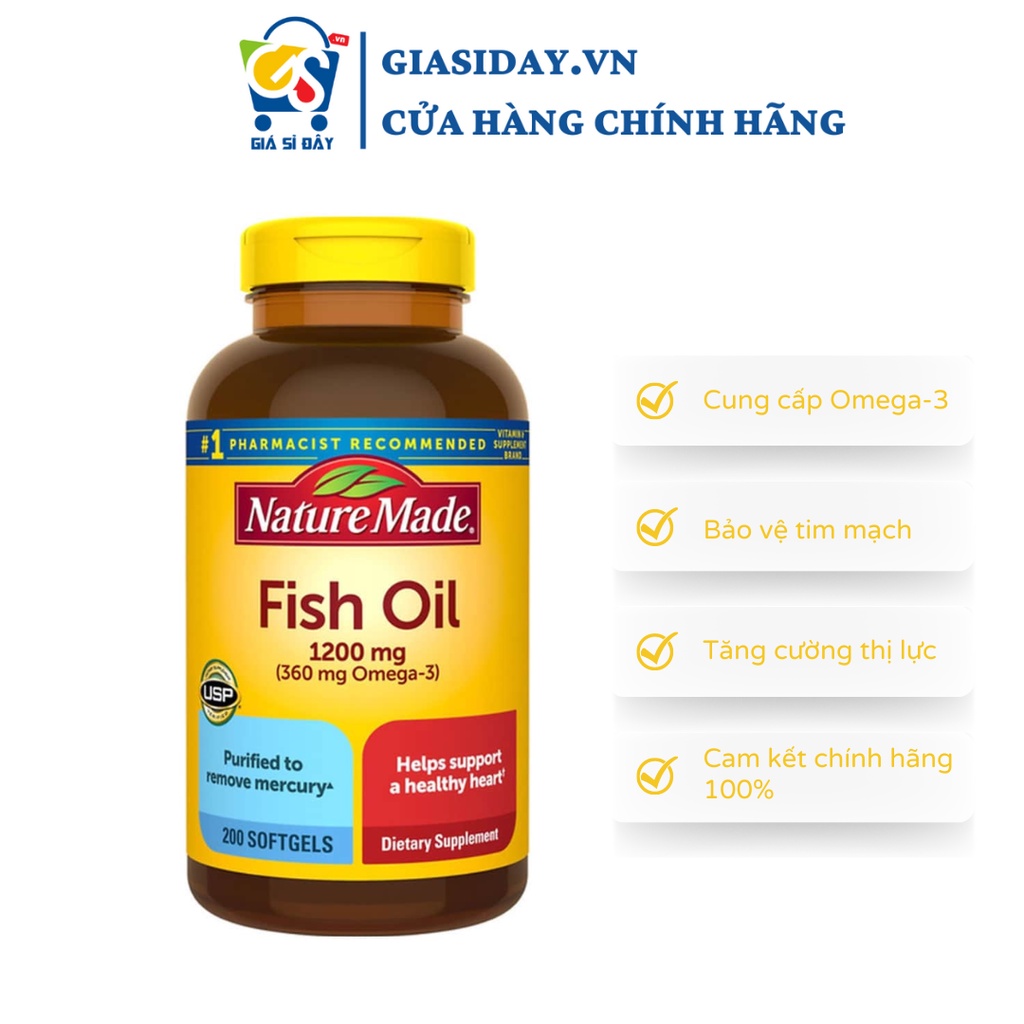 Viên Uống Dầu Cá Nature Made Fish Oil 1200mg 360mg Omega-3 200 Viên