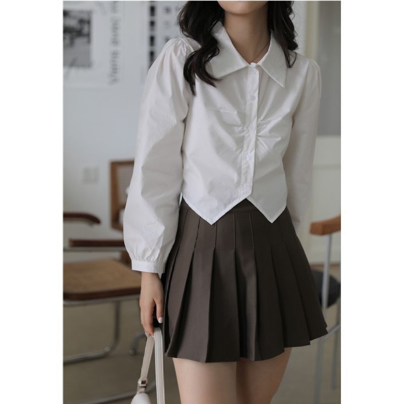 Áo sơ mi IELGY màu trắng tay phồng phong cách Pháp thời trang cho nữ