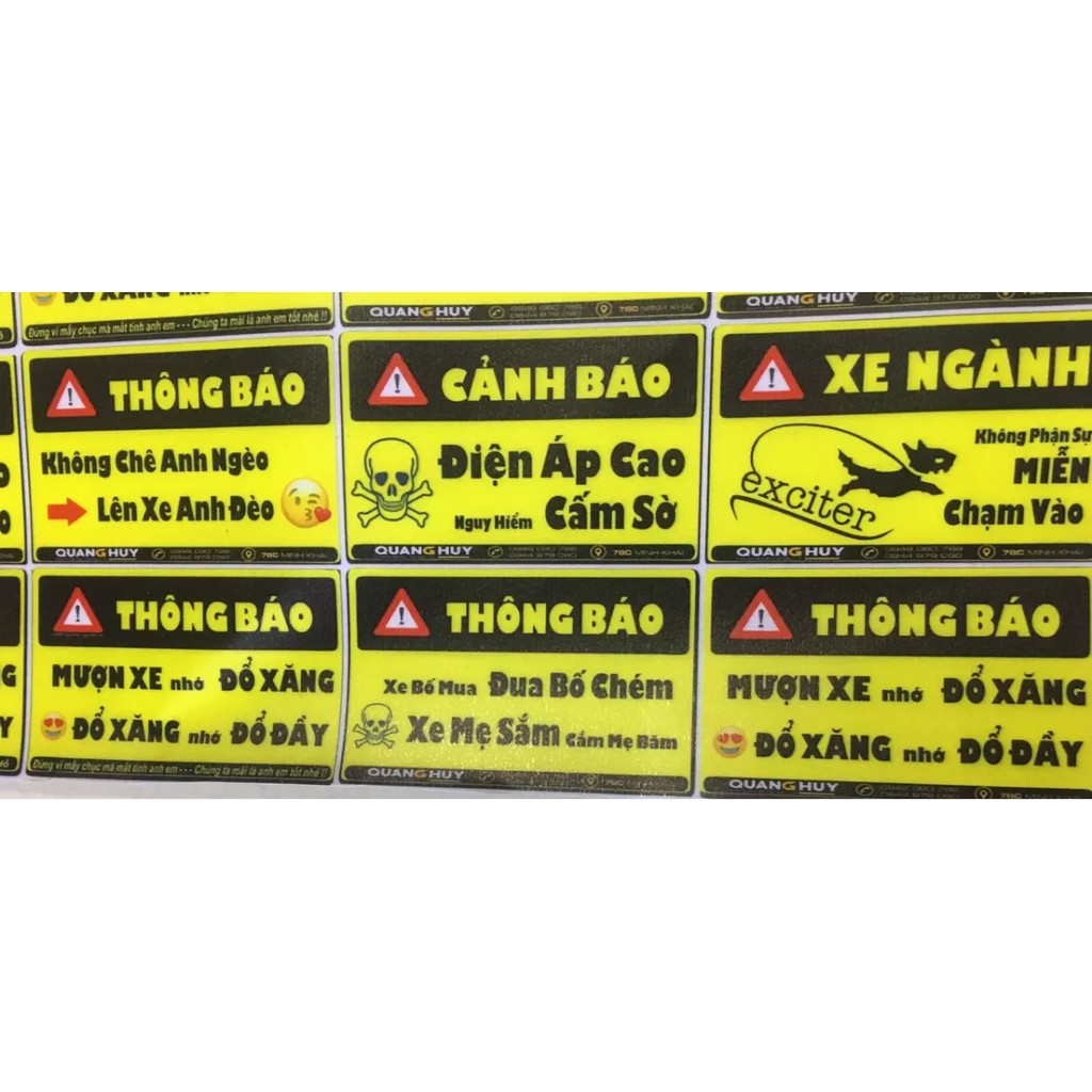 Tem sticker cảnh báo hài hước 6 miếng 10x30cm dán xe- Decal logo xe máy cub, ô tô,... rẻ đẹp