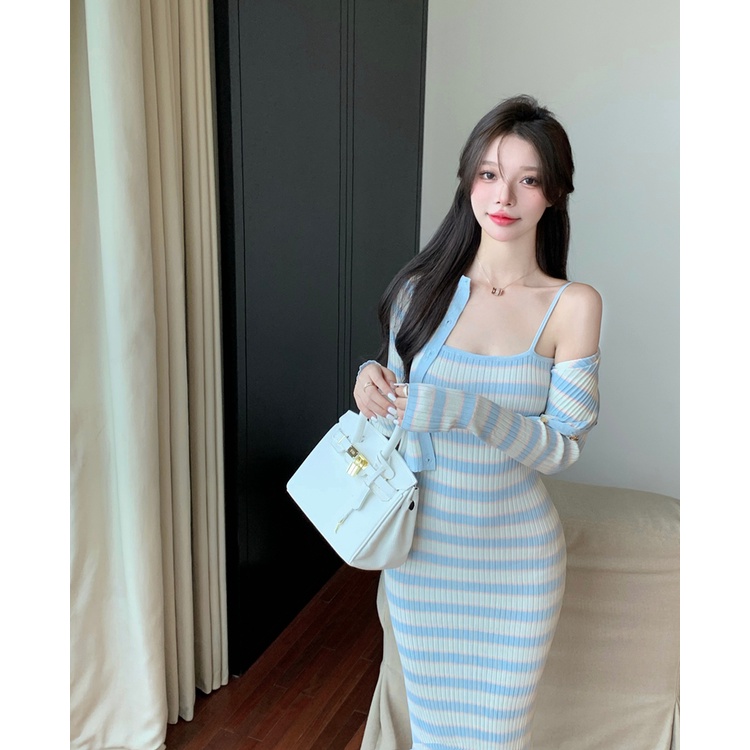 QKOOLE  Set Áo cardigan Chống Nắng + Chân Váy Dệt Kim Thời Trang Hàn Quốc Cho Nữ