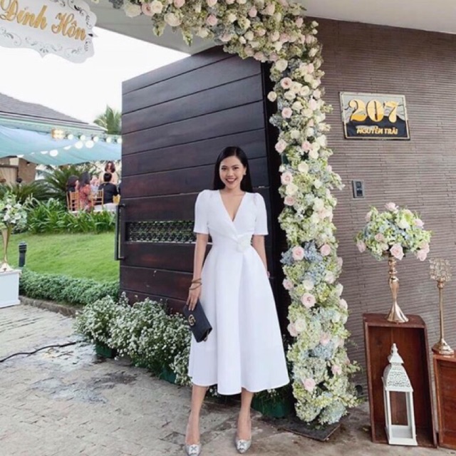 Đầm dự tiệc xòe cổ V hoa eo tay con thiết kế sang chảnh / Đầm dự tiệc hàng thiết kế cao cấp