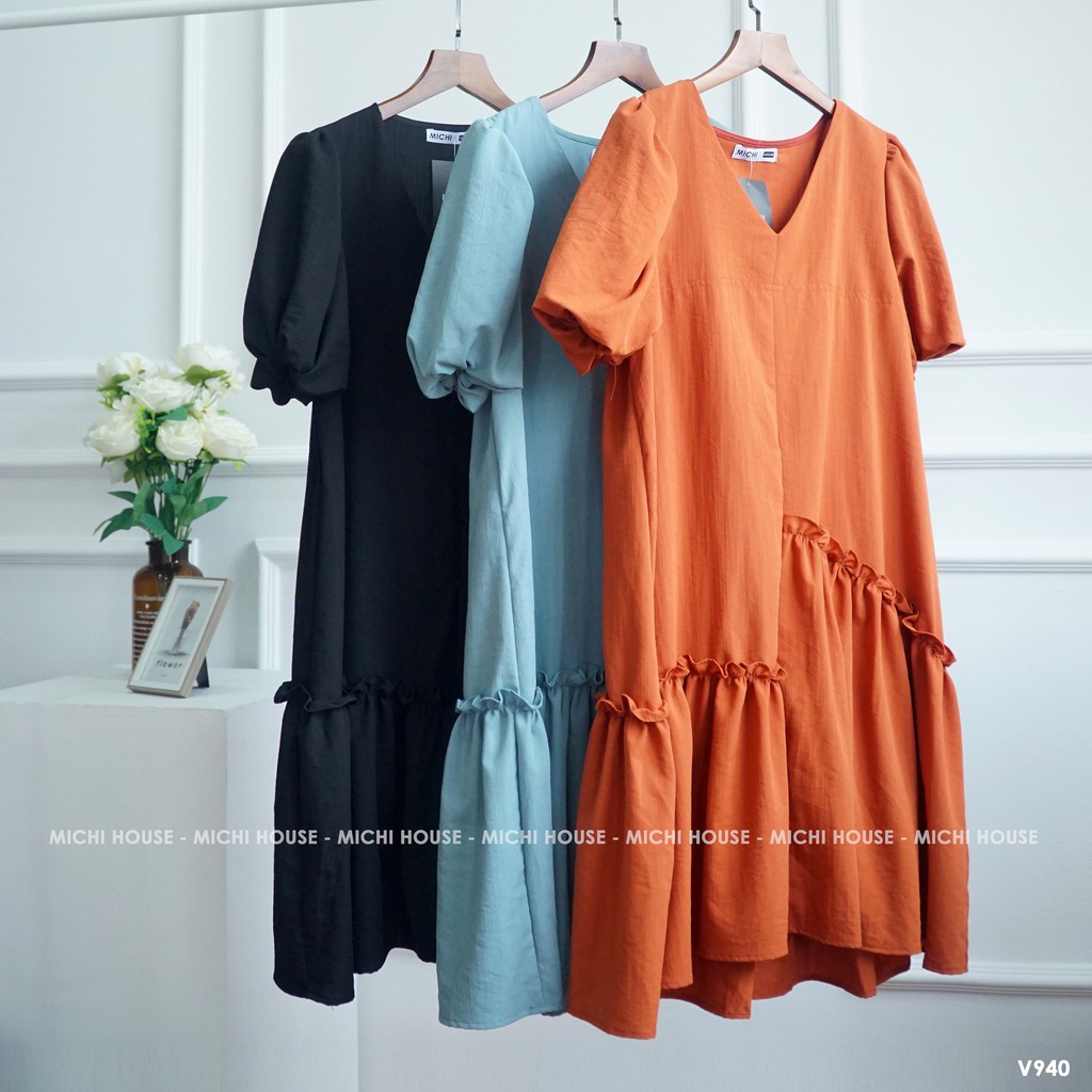 Đầm Suông Đũi V940 MICHI House Váy Xuông Thiết Kế  Cổ V Tay Bồng Dáng Ngắn Mặc Bầu Xinh Freesize Bigsize | BigBuy360 - bigbuy360.vn