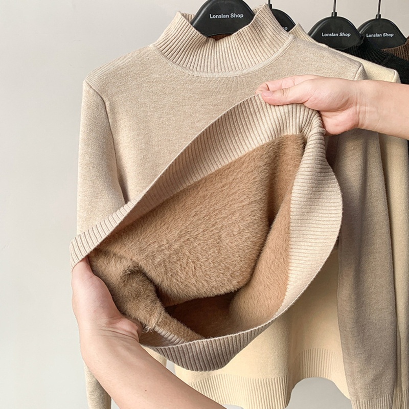 Áo Sweater Dệt Kim Cổ Lọ Lót Lông Cừu Giữ Ấm Thời Trang Cho Nữ