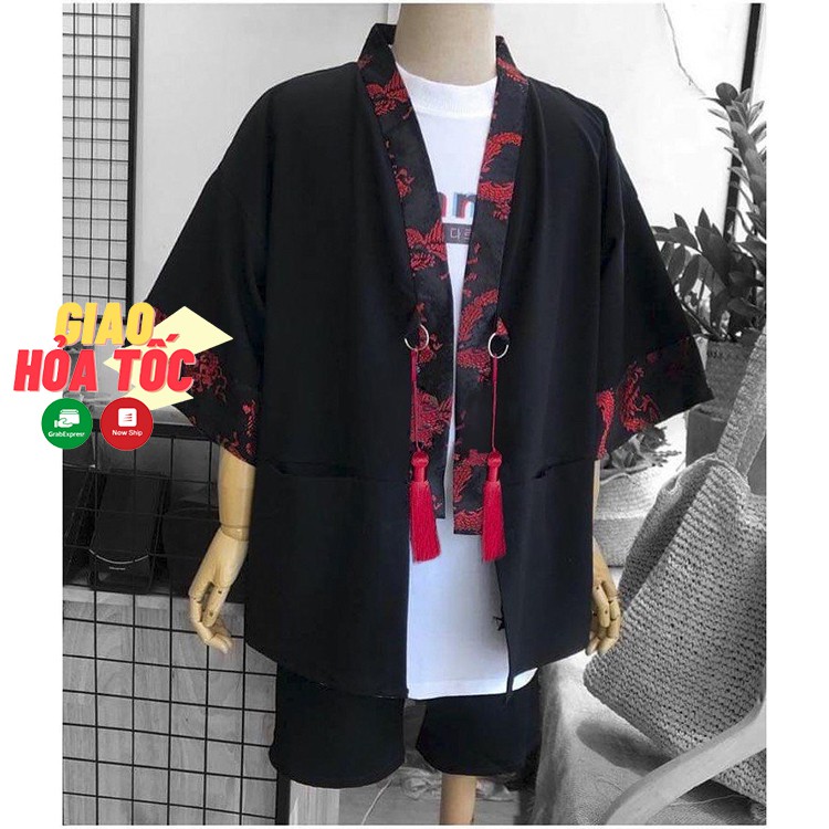 Áo Kimono Haori nam nữ Nhật Bản phối Gấm Rồng Đỏ