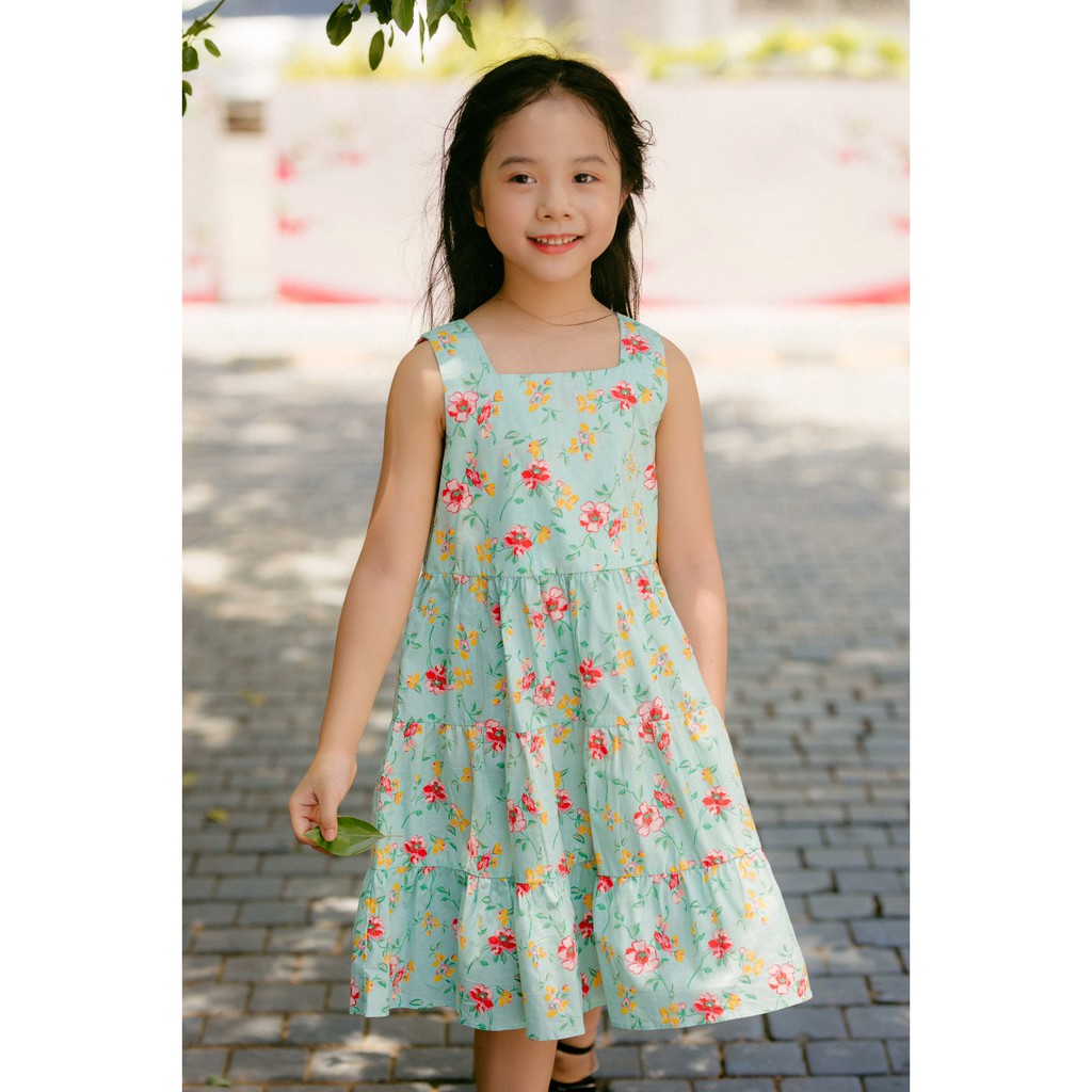 [LITTLE PINK] AMBER DRESS - Váy hoa bé gái sát nách cổ vuông