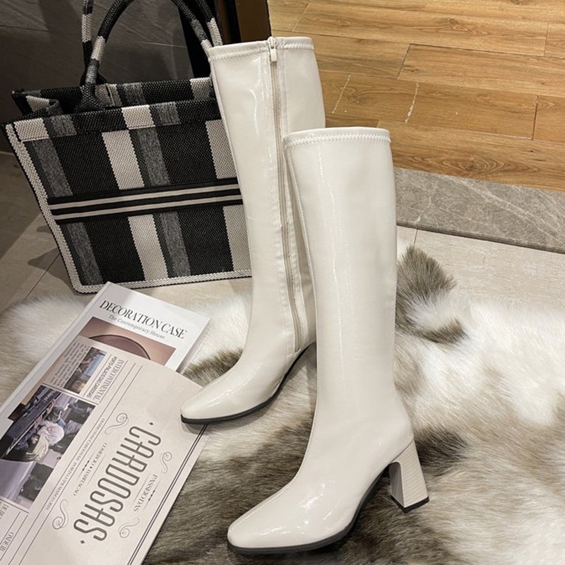 Giày Bốt Da Bóng Gót Dày Đầu Gối Mũi Vuông Có Khóa Kéo Bên Hông Thời Trang Cho Bạn Gái