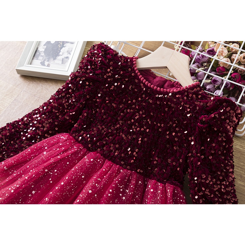 Đầm công chúa NNJXD tay dài đính kim sa có kẹp tóc thời trang xuân thu năm mới xinh xắn cho bé gái 3-8 tuổi