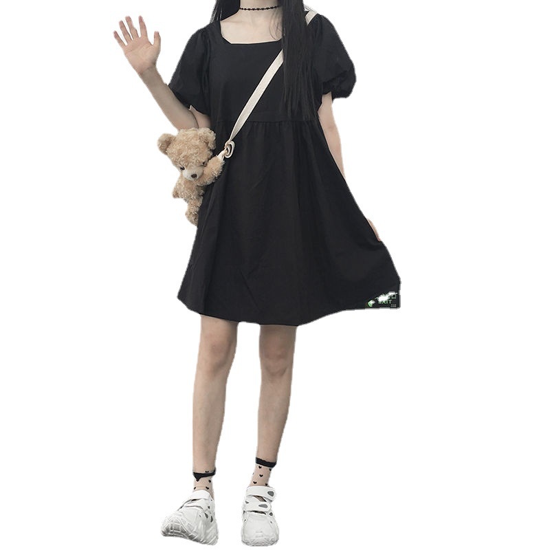 Đầm Tay Ngắn Cổ Vuông Màu Sắc Đơn Giản Dễ Phối Đồ Phong Cách Hàn Quốc