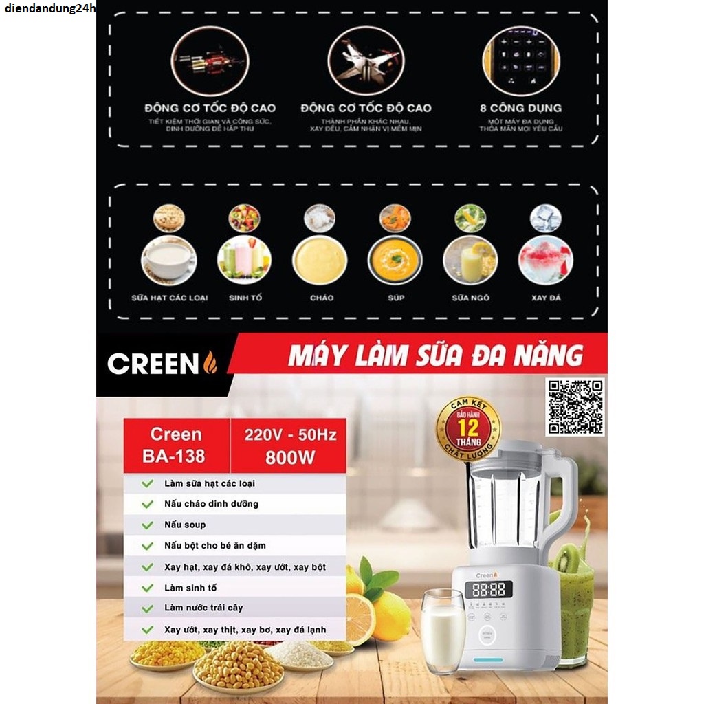 ##Máy làm sữa hạt Creen BA-138💕 cối thủy tinh chịu nhiệt công nghệ Nhật Bản-diendandung24h.