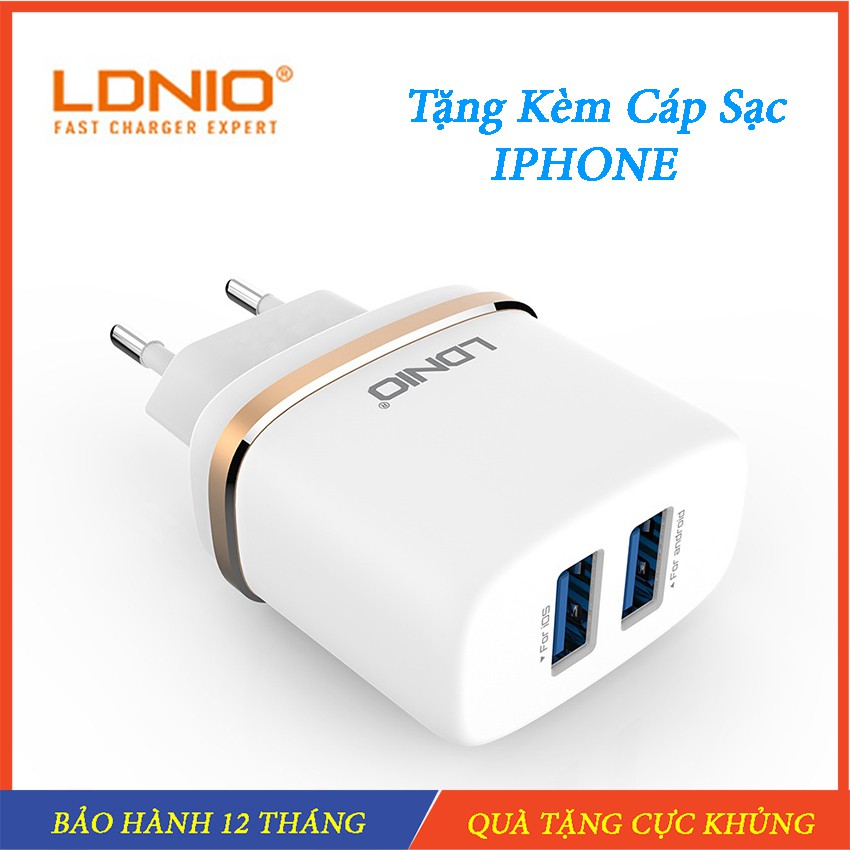 Combo sạc nhanh 2 cổng USB dành cho iphone , cốc sạc nhanh 2A kèm dây sạc iphone chính hãng LDNIO