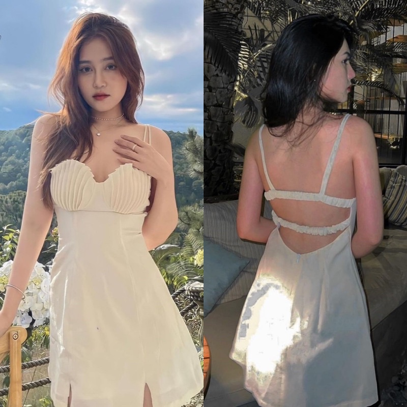 Đầm trắng 2 dây cúp ngực vỏ sò hở lưng dây ngang bo chun