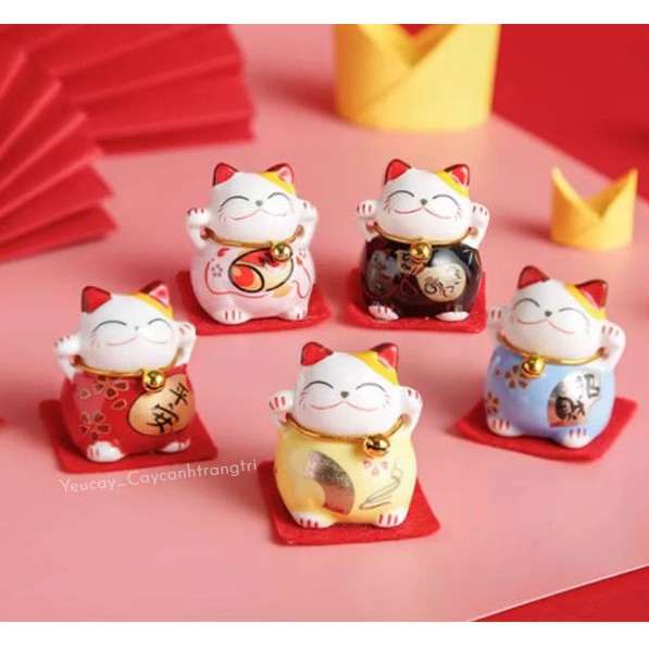 Bộ Tượng 5 Mèo thần tài sứ (Mèo Maneki Neko) chiêu tài lộc may mắn