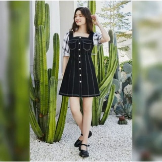 Vero Moda Đầm denim phối tay phồng cổ vuông
