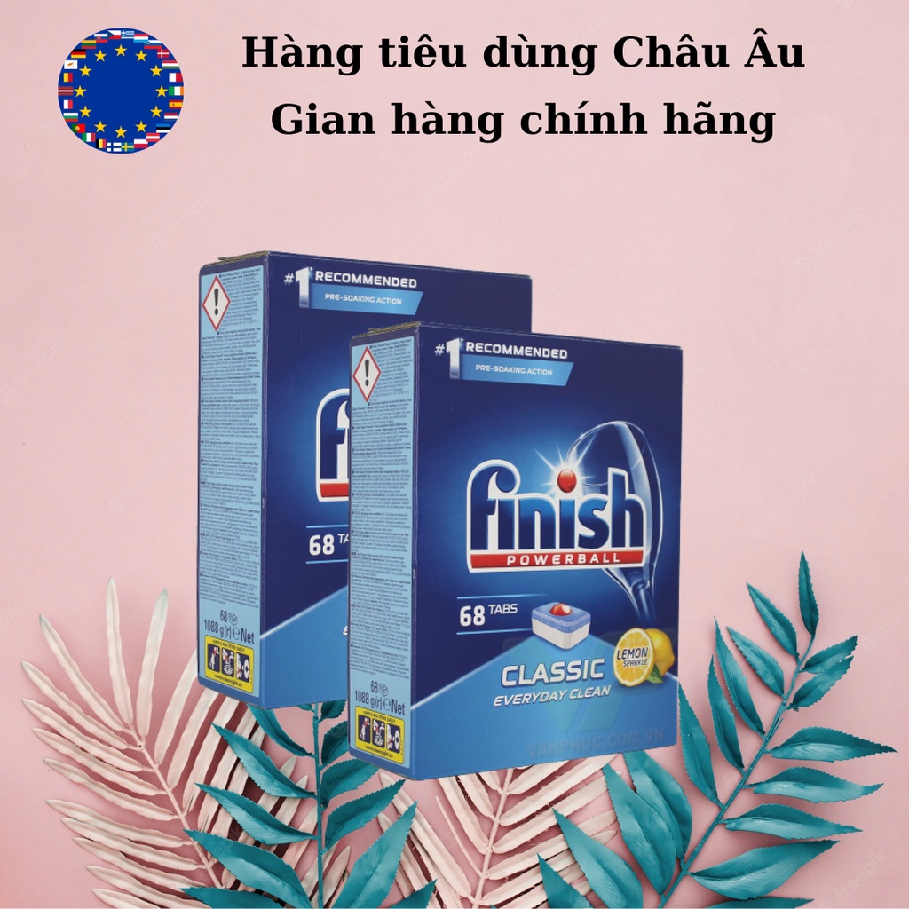 Viên rửa bát Finish hương chanh, diệt khuẩn, sạch dầu mỡ, dùng cho máy rửa chén, 68 viên nội địa Châu Âu