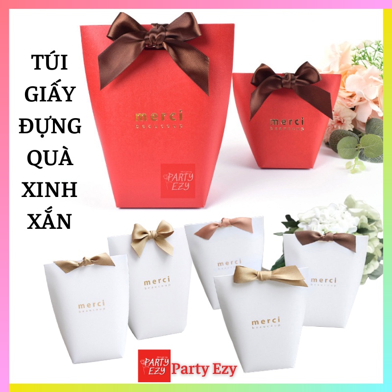 Túi Giấy Đựng Quà Xinh Xắn- 2 màu Đỏ và Trắng (in chữ Merci vàng)