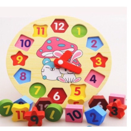 ☑✵﹊[ Hàng đẹp] Đồ chơi đồng hồ số hình khối bằng gỗ giúp bé phân biệt hình khối, máu sắc, cách xem giờ