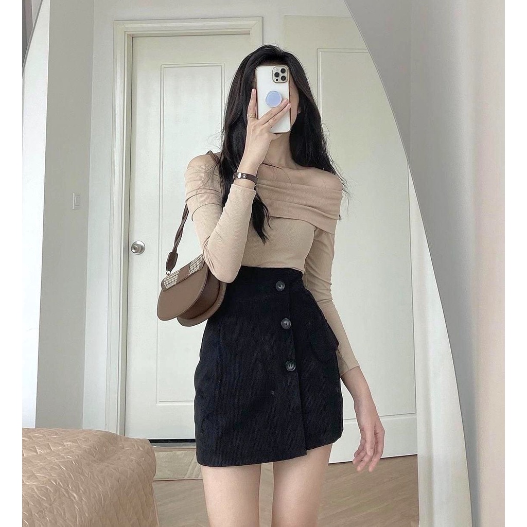 Chân Váy Nhung Khuy PEONYB Nữ  🌸 Đầm mini cạp lệch, skirt dáng ngắn body thiết kế túi hông cá tính Ulzzang 🌸