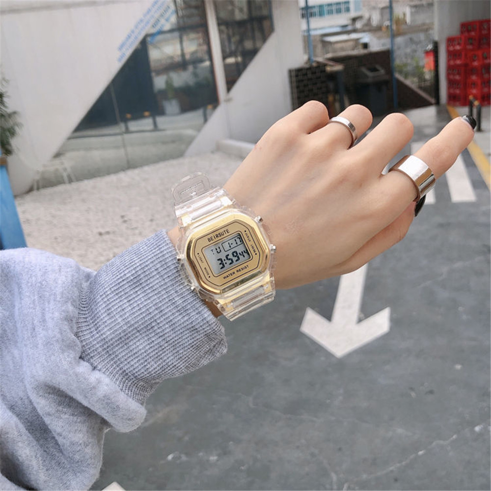 Fashionmaker New Women Fashion Transparent Sports Waterproof LED Watch Small Square Electronic Watch Ins