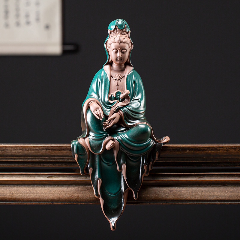 Tượng Quan Âm Bồ Tát cầm gậy Như ý ngồi thiền tịnh gốm tử sa cao cấp- Tượng phật trang trí decor không gian thiền tịnh