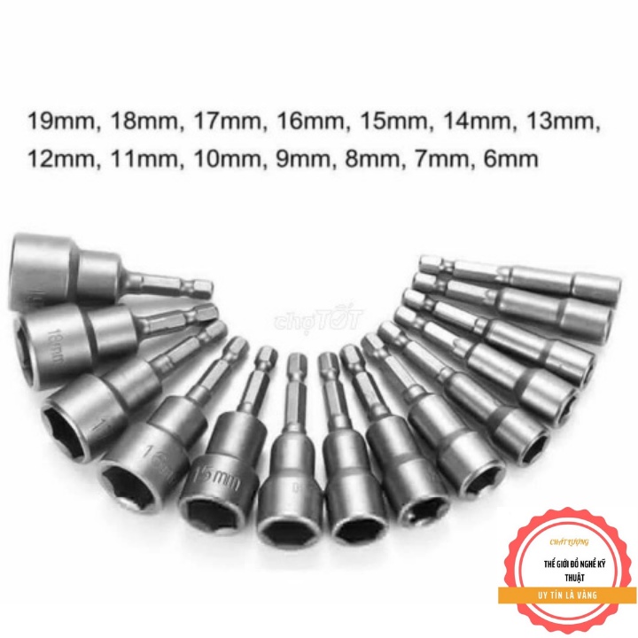 Bộ 14  đầu chụp bulong - Đầu bắn tôn vặn ốc bulong lục giác 6-19mm + 1 chân cài chuyển đổi để dùng cho khaon bê tông