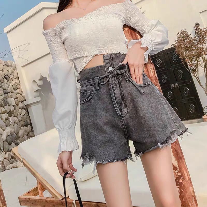 [LININ] Quần Short Denim Lưng Cao Dáng Rộng Màu Xám Khói Có Dây Cột Phong Cách Mới Mùa Hè Cho Nữ @ a @