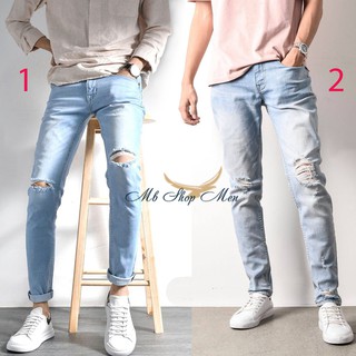 Quần jean nam rách gối,Quần jean nam rách gấu màu xanh bạc chất co giãn giặt không ra màu, free ship nội thành HÀ NỘI