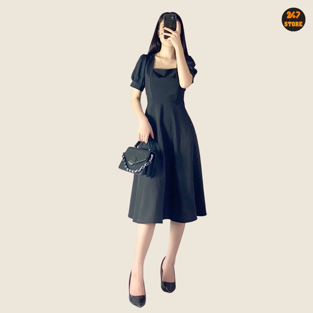 Váy Cổ Vuông Dáng Xòe Tay Bồng Cộc Tay 2 màu cực xinh 247store | BigBuy360 - bigbuy360.vn