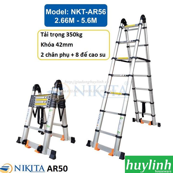 Freeship Thang nhôm rút đôi chữ A Nikita NKT-AR56 - 5.6 mét - Có bánh xe - Tải trọng 350kg