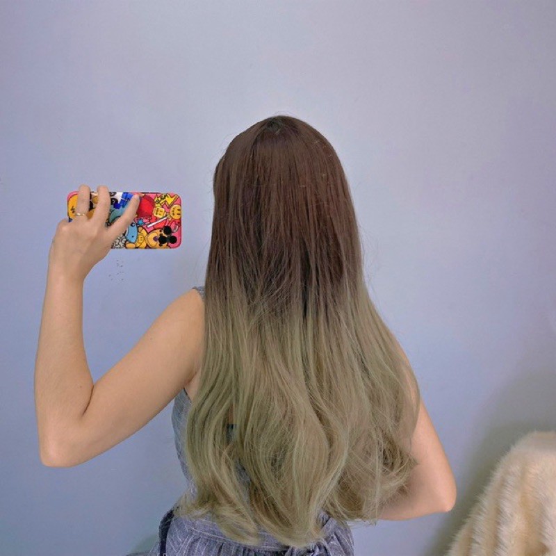 &lt;ẢNH THẬT&gt; Tóc Gỉa Nguyên Đầu Cúp Xoăn Tầng Ombre Xanh Rêu