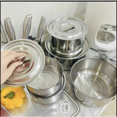 Bộ 5 Thố Inox Không Quai Có Nắp Đậy Đủ Kích Thước Cao Cấp (MY HOME)
