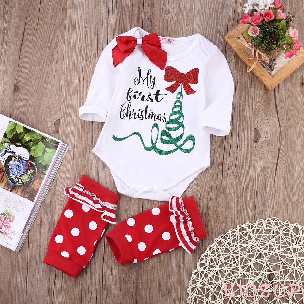 K.I-Newborn Baby Girl Long Sleeve Bow Romper Bodysuit Sock Outfits Clothes Christmas