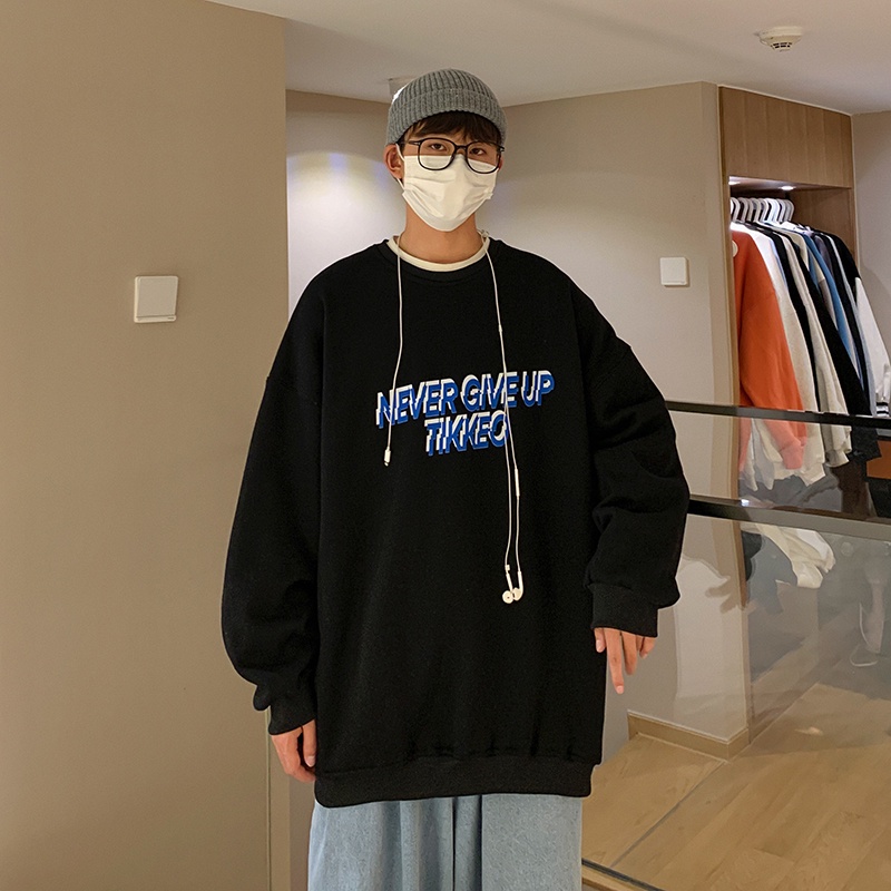 Áo Sweater cổ tròn lót nhung màu trơn in chữ thời trang cho nam Size M-5XL