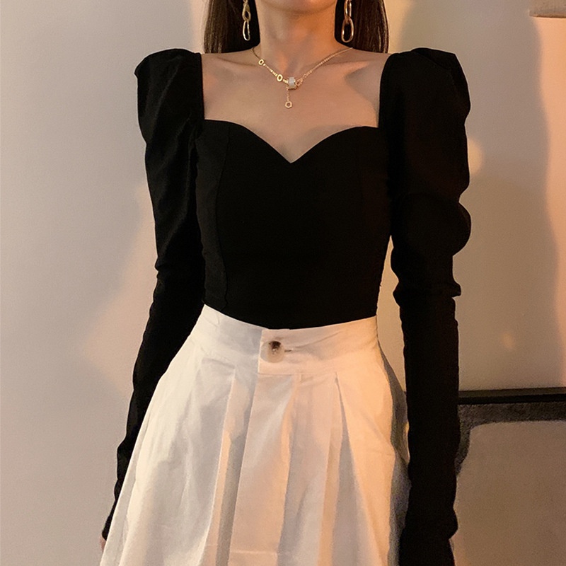 Áo dài tay nữ thu đông cổ vuông ôm body vintage Hàn Quốc - Maoshop