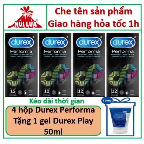 COMBO 4 Hộp 48 Cái Bao Cao Su KÉO DÀI CUỘC YÊU Durex Performa + 1 Tuýt Gel Bôi Trơn Durex Play Classic