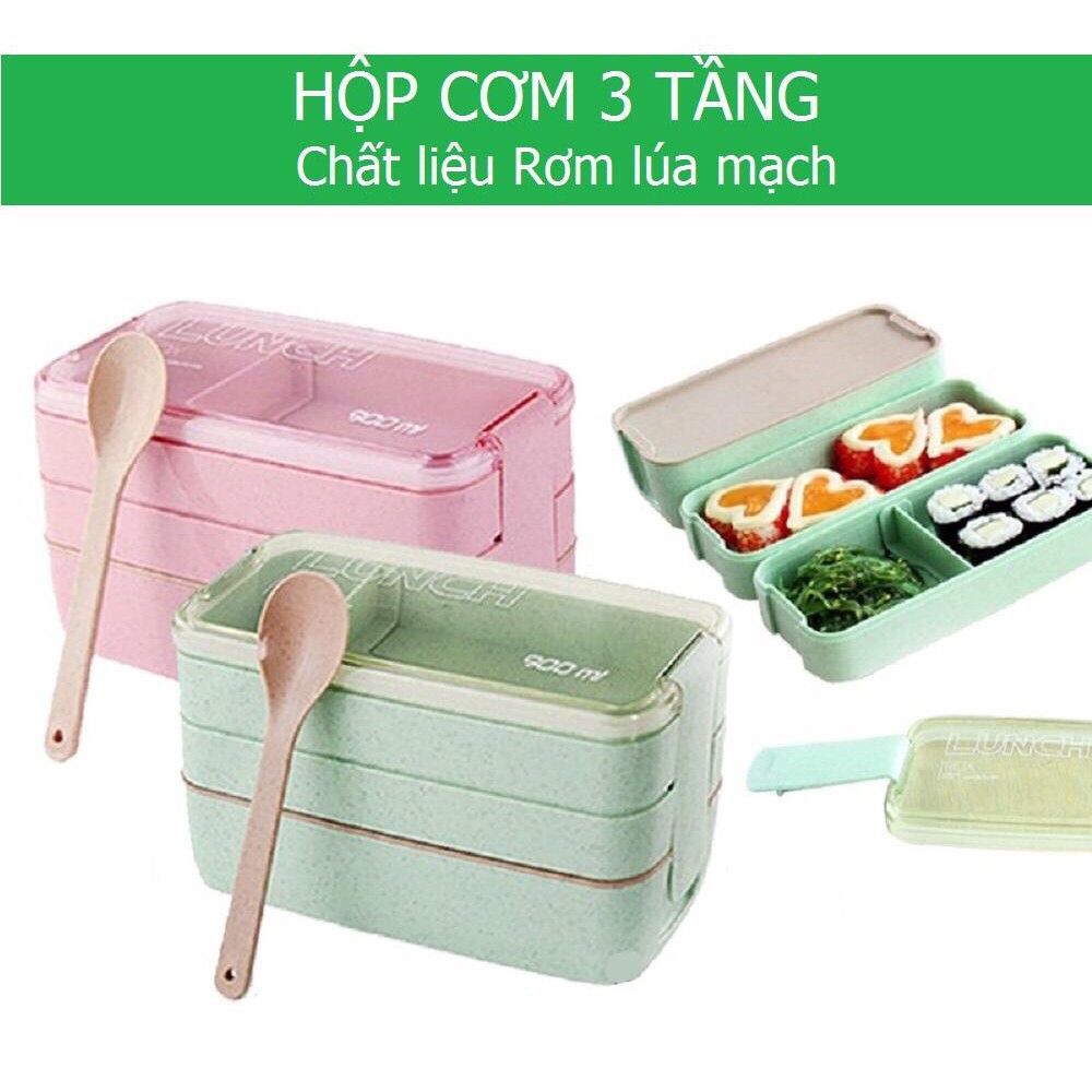 Hộp Cơm Lúa Mạch 3 Tầng Tặng Muỗng, Nĩa