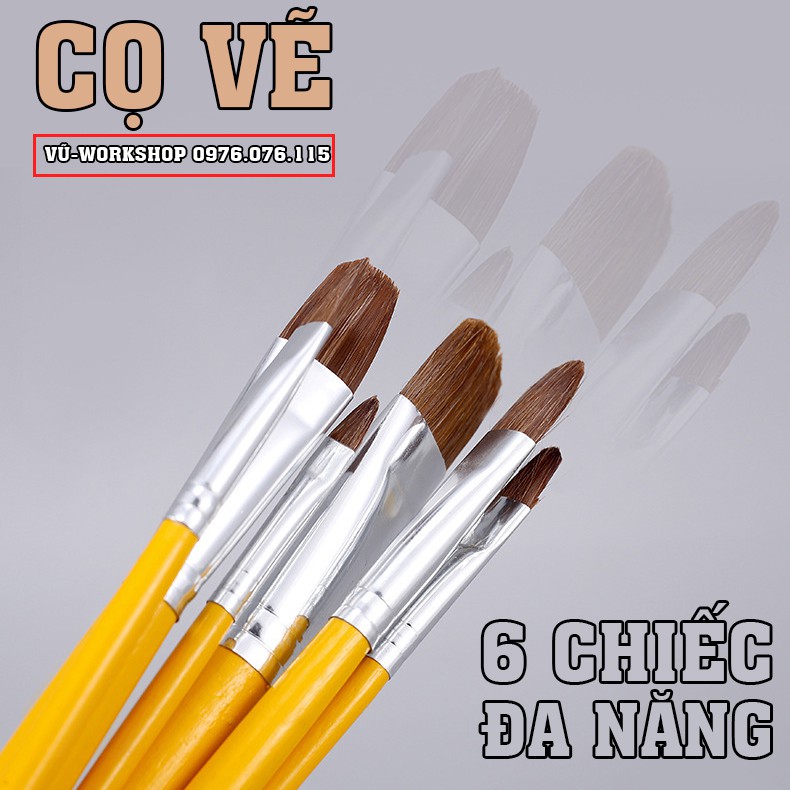 Bộ 6 Cây Cọ Đầu Dẹp - Cọ Vẽ Acrylic, Cọ Vẽ Màu Nước, Cọ Vẽ Màu Bột, Vẽ Sơn Dầu.