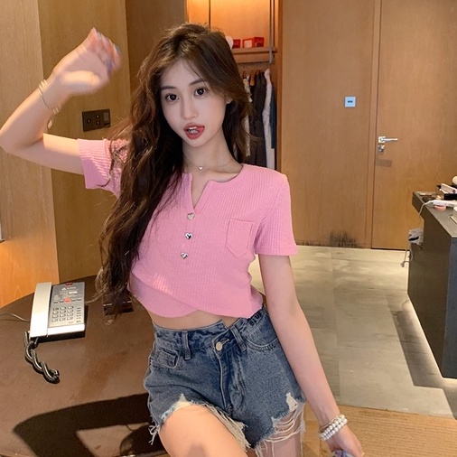 【ZHELIHANGFEI】Áo Len Tay Ngắn Cổ Chữ V Lưng Cao Thời Trang Cho Nữ