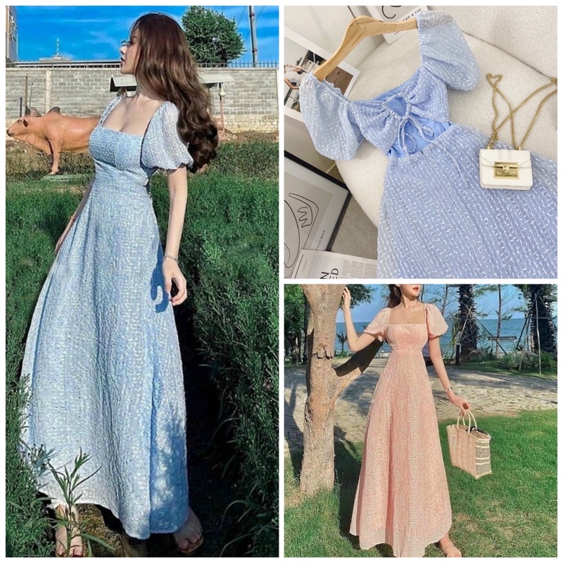 Đầm maxi voan bi cutout lưng cổ vuông tay phồng màu xanh/hồng NÀNG CLOSET
