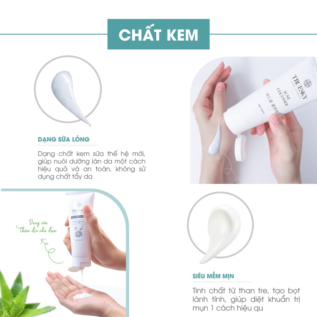 Combo 2 sữa rửa mặt tạo bọt Truesky (sữa rửa mặt nha đam trắng da 60ml + sữa rửa mặt than hoạt tính ngừa mụn 60ml)