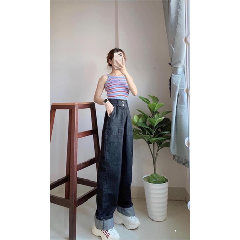 ♻️Baggy Jeans 2 Nút Ống Rộng Túi Đắp
