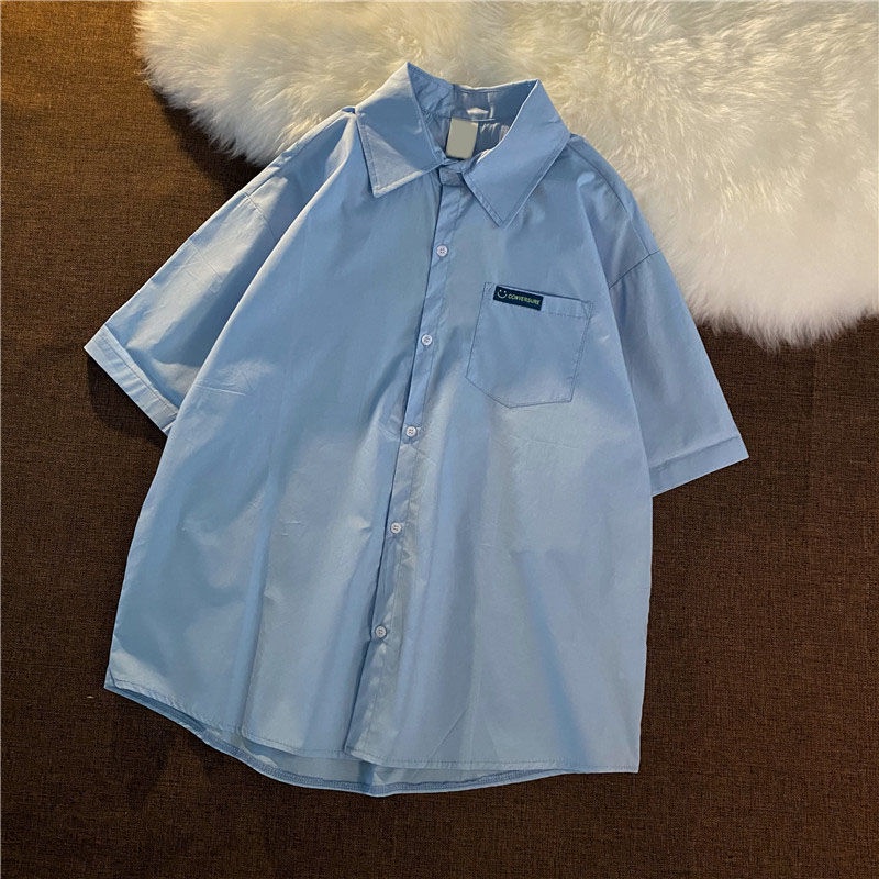 Áo Sơ Mi Tay Ngắn Dáng Rộng Màu Sắc Đơn Giản Phong Cách Retro Hàn Quốc