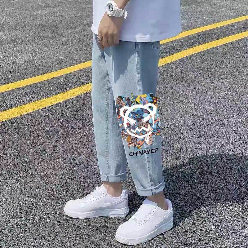 Quần Jean ống Rộng Nam Nữ In Hình Mỏng Phong Cách Hàn Quốc