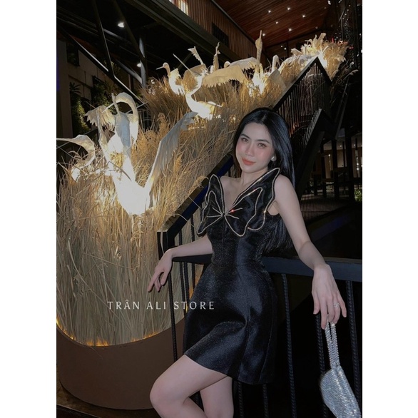 Đầm chữ A nhũ kim tuyến cánh b ướm ngực Trắng đen Đầm váy đi chơi dự tiệc sang trọng quý phái hotgirl tk party sinh nhật