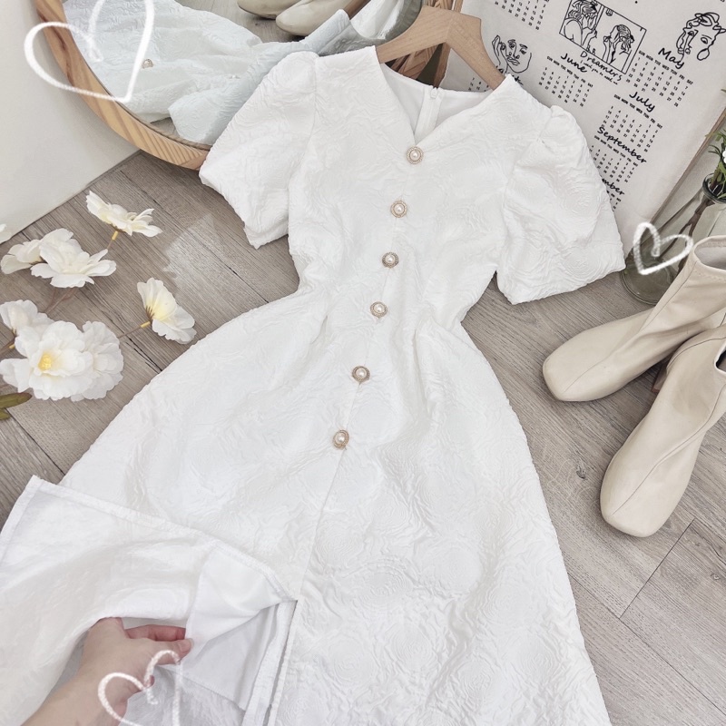 Đầm Váy Gấm Xốp Trắng Nút Ngọc Tay Phồng | Smide Clothing