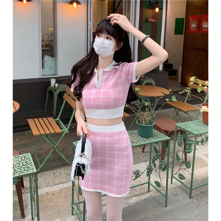 Set Áo Croptop Dệt Kim + Chân Váy Lưng Cao Phong Cách Hàn Quốc Quyến Rũ Cho Nữ